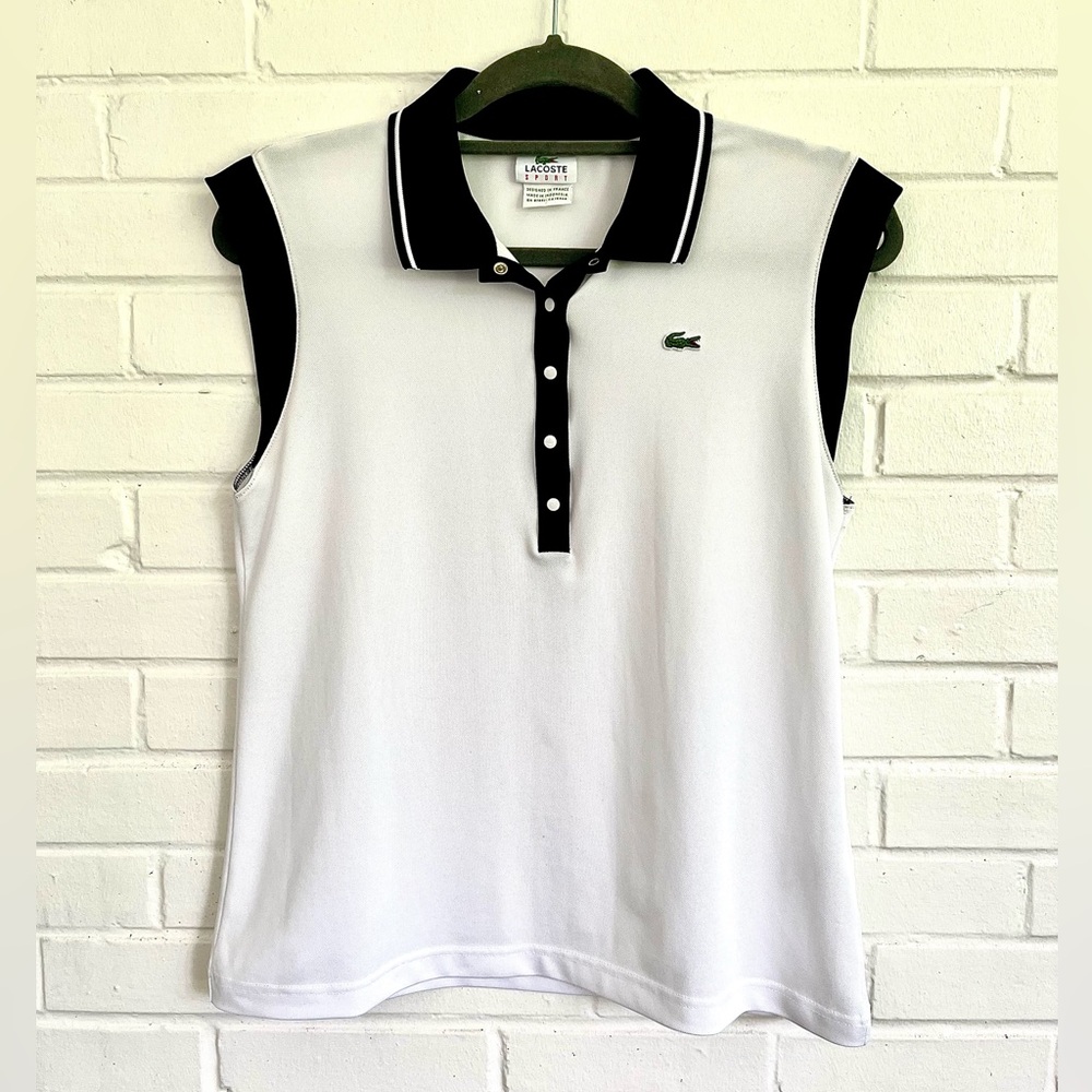 Lacoste White Sleeveless Polo Top with Black Trim